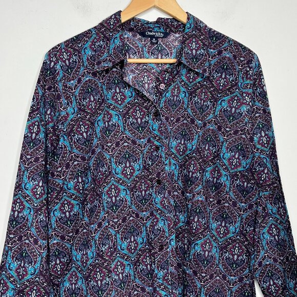 Chadwicks Paisley Long Sleeve Button Down Blouse Size 18 Teal Purple Stretch - Picture 3 of 11